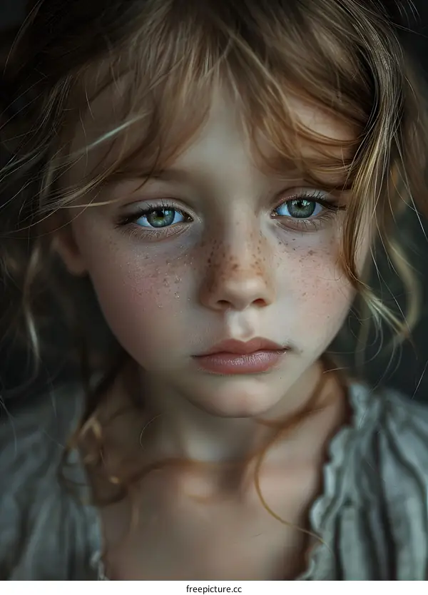 Portrait of a young girl with freckles and green eyes