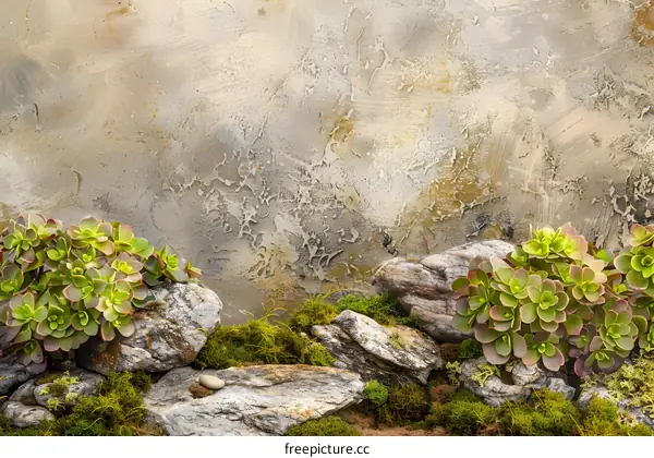 Green Succulents on Grey Stone Background