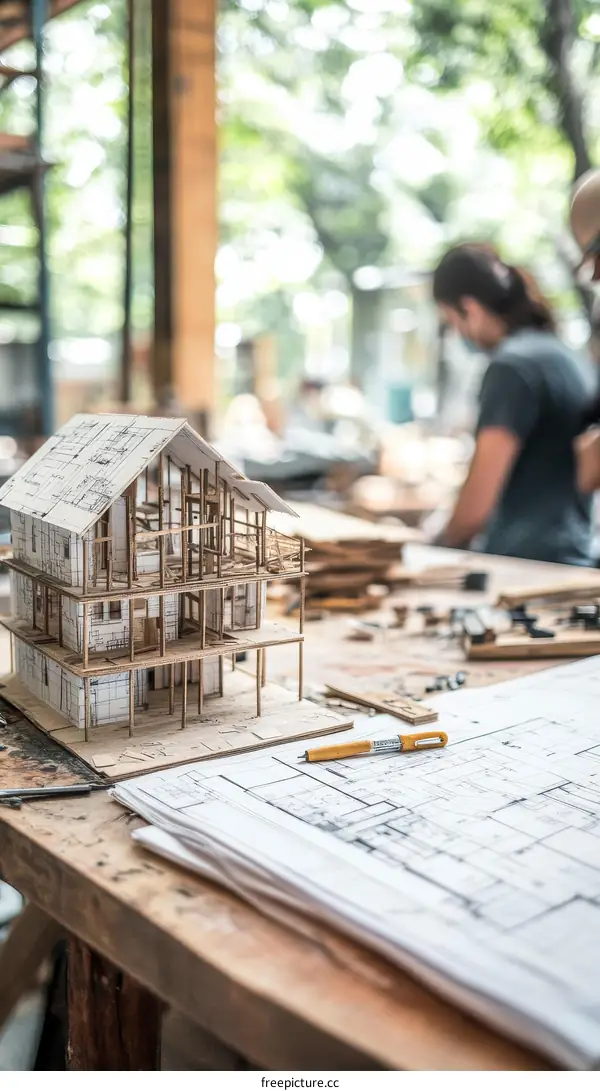 Architecture Model with Blueprints on Wooden Table
