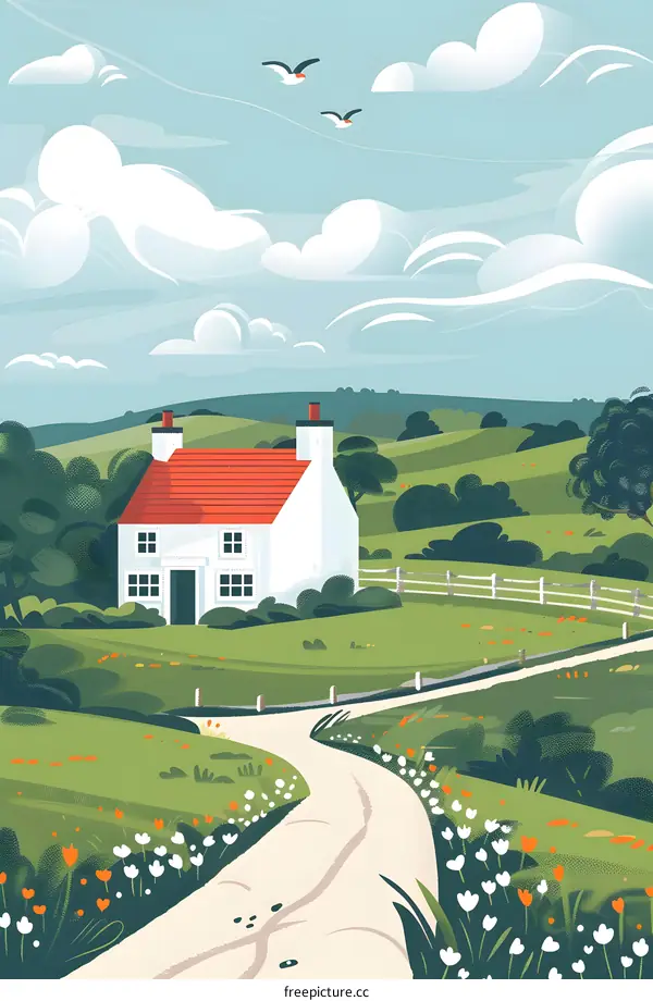 Illustration of a White Cottage on a Hill with a Winding Road Leading to it
