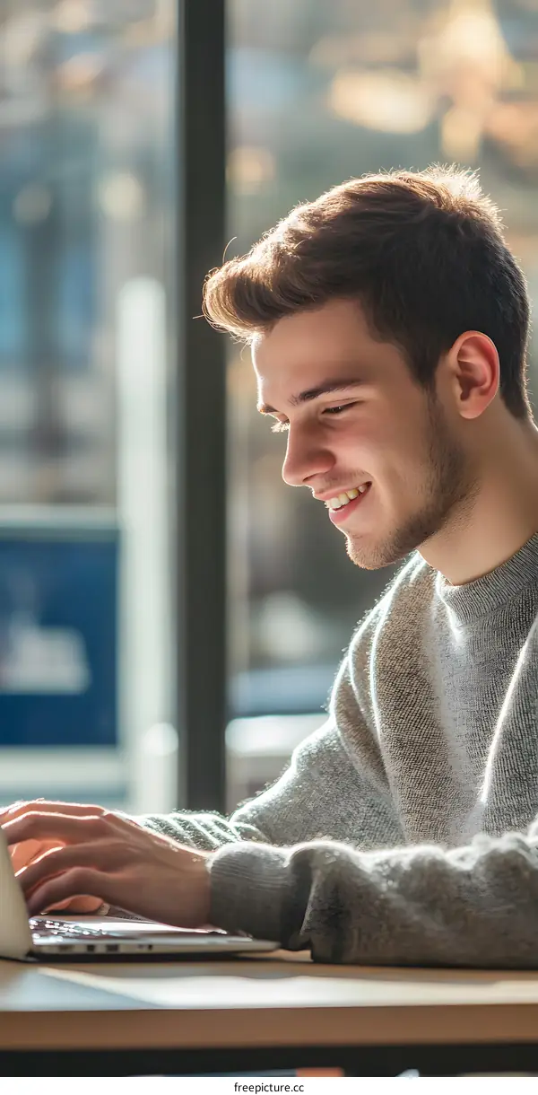 Smiling Man Using Laptop Computer at Desk