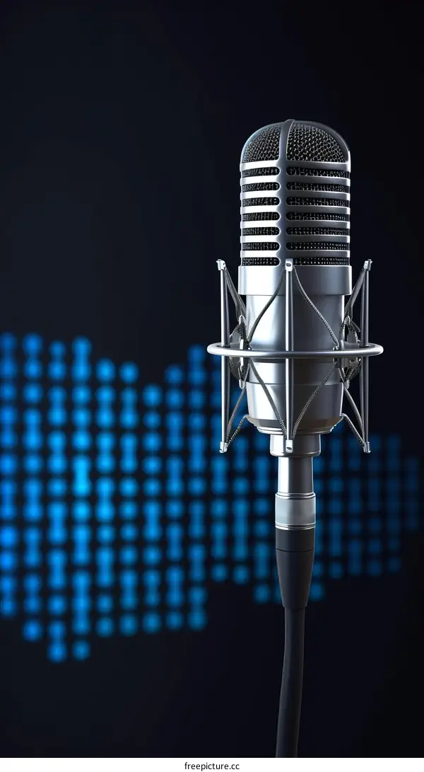 Retro silver microphone on dark blue background with sound wave