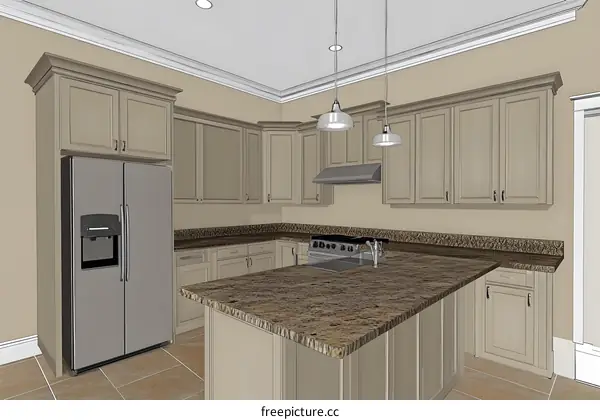 Kitchen Design Illustration With White Cabinets And Granite Countertops