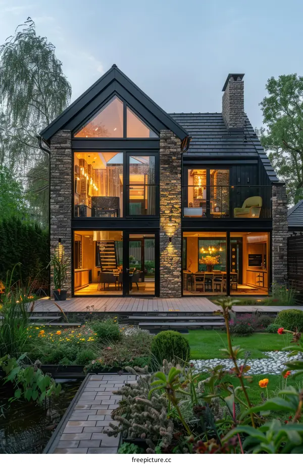 Elegant Black House with Large Windows and Modern Garden