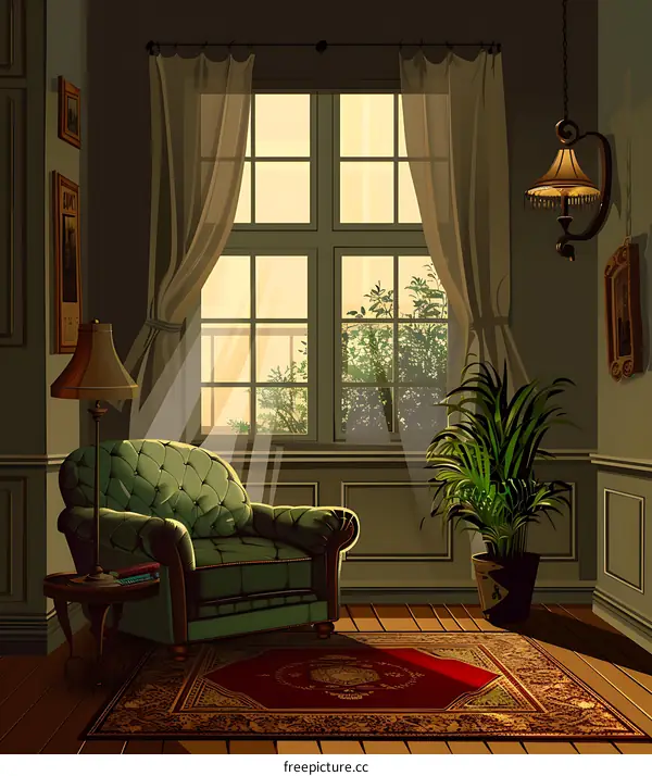 Sunlight Through Window In Living Room With Armchair And Plant