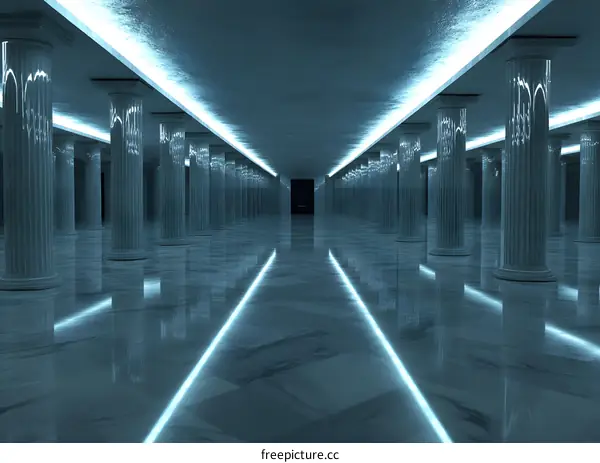 Neon Lights in a Hallway with Columns