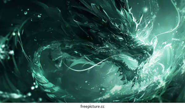 An illustration of a green and blue dragon swimming in the ocean