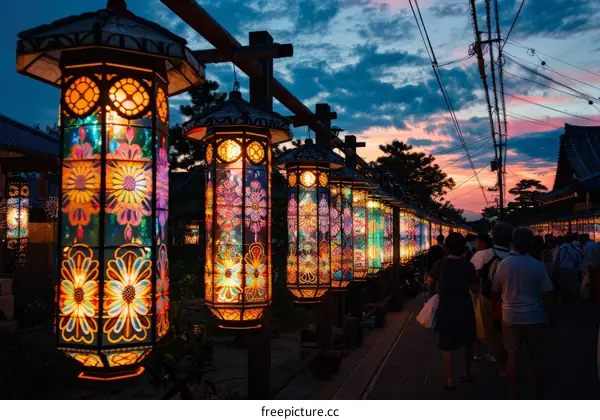 Colorful lanterns illuminate the night sky during a festival in Japan