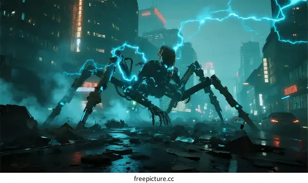 Cybernetic Spider Robot with Lightning in Futuristic City