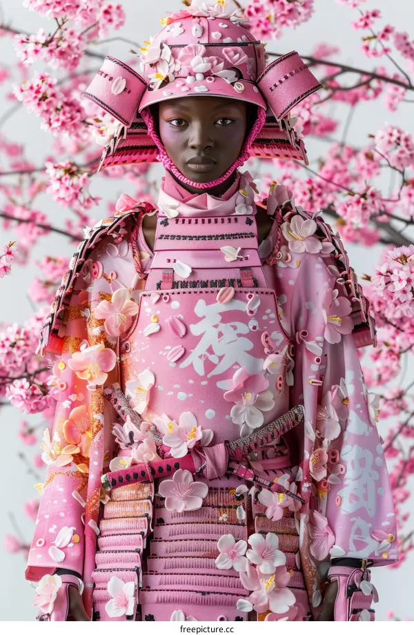 Black Woman in Pink Samurai Armor with Cherry Blossoms