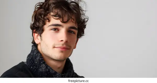 Portrait of a Young Man with Curly Hair Looking at Camera