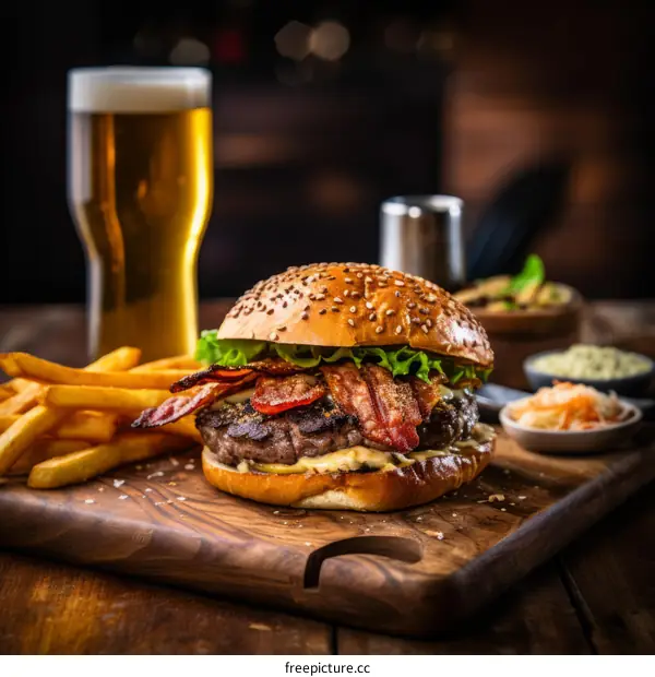 A delicious bacon cheeseburger with fries and a glass of beer