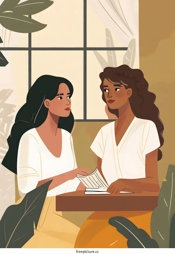 Two Women Talking in Cafe Setting Illustration