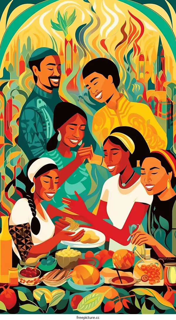 A group of people of color are gathered around a table, eating and drinking.