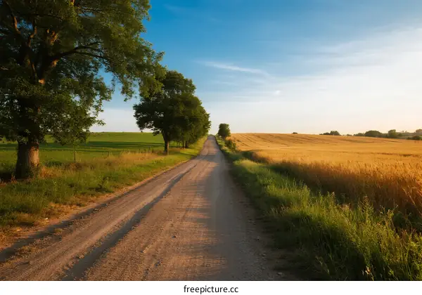 A peaceful country road surrounded by green fields and trees