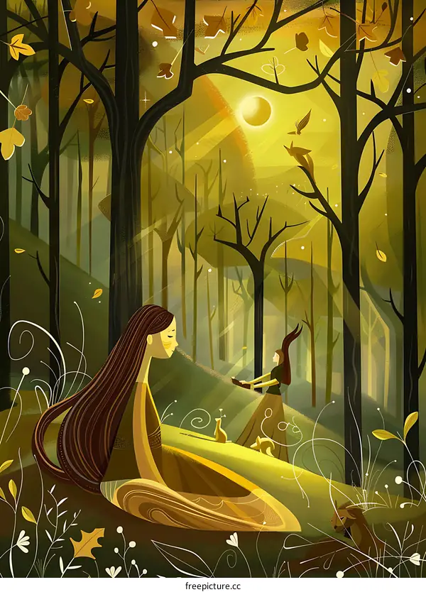 Two Women in a Forest Illustration