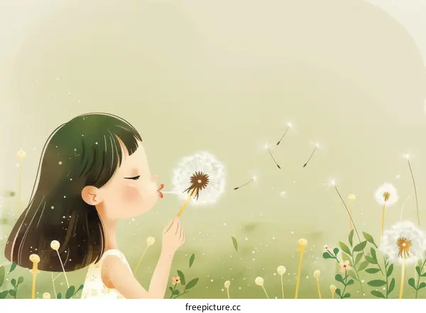 Little girl blowing seeds of a dandelion in a field