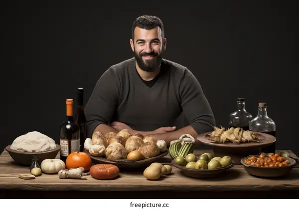 Bearded man sits at a table full of food