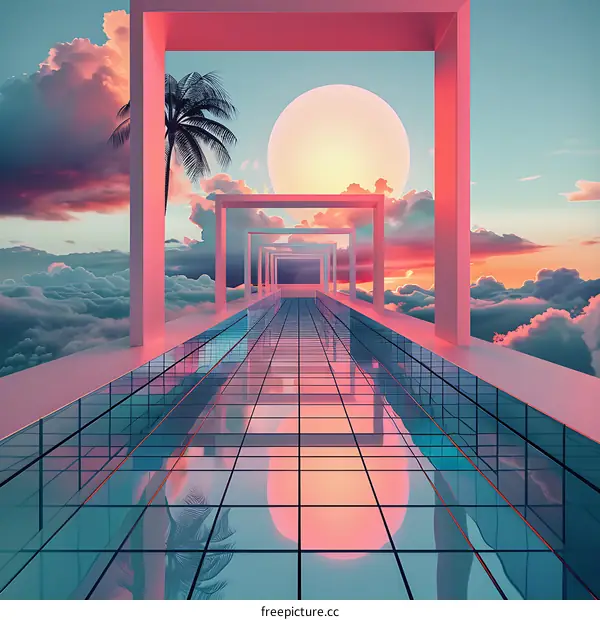Pink Sky Above a Geometric Pathway in the Clouds