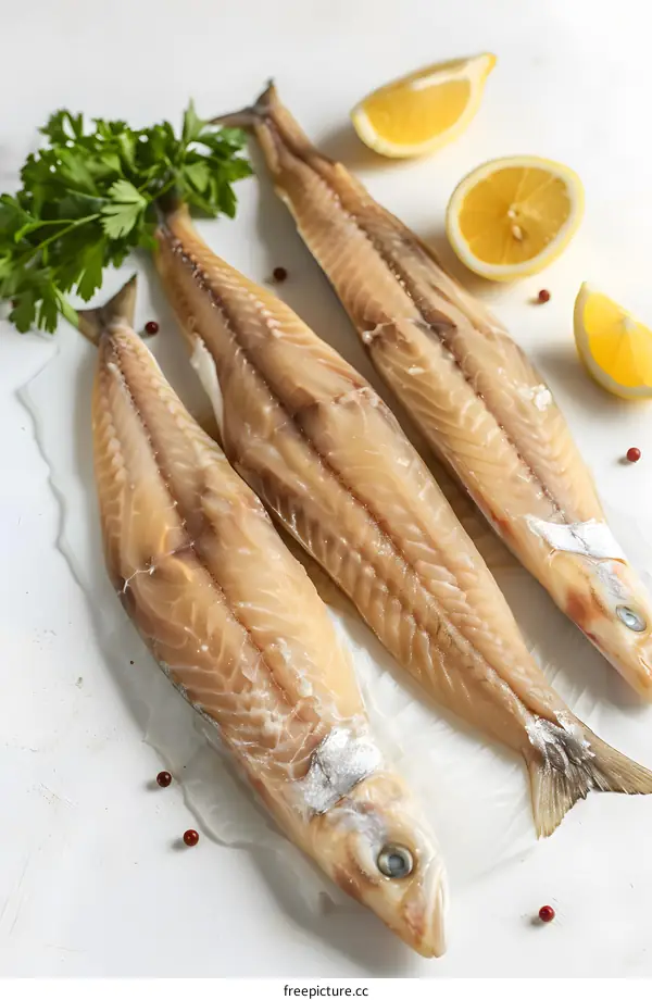 Three raw fish lie on a white table. There are parsley and lemon wedges next to the fish.
