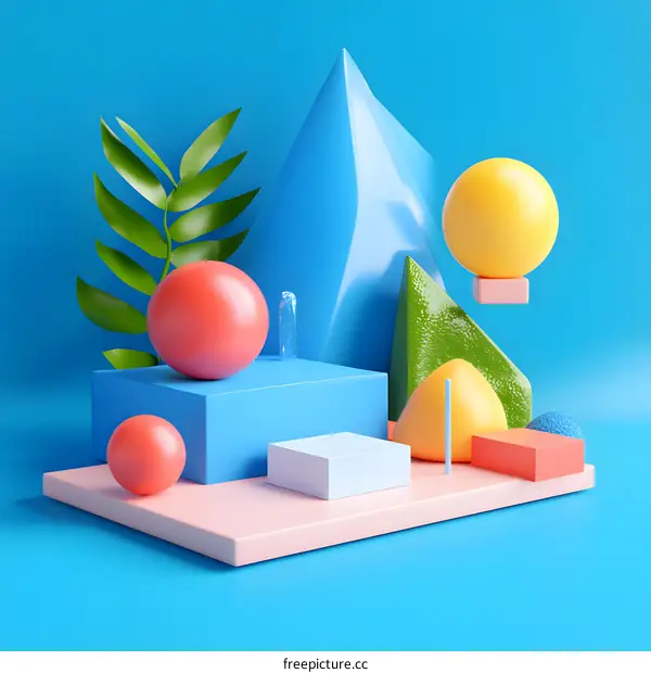 Abstract 3D Geometric Shapes and Tropical Leaves Composition