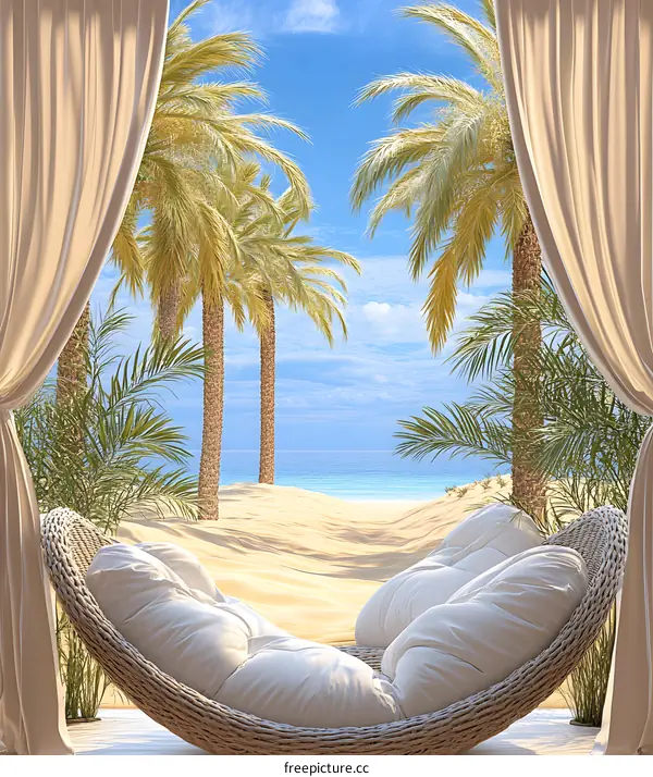 Tropical Beach View Through Curtains