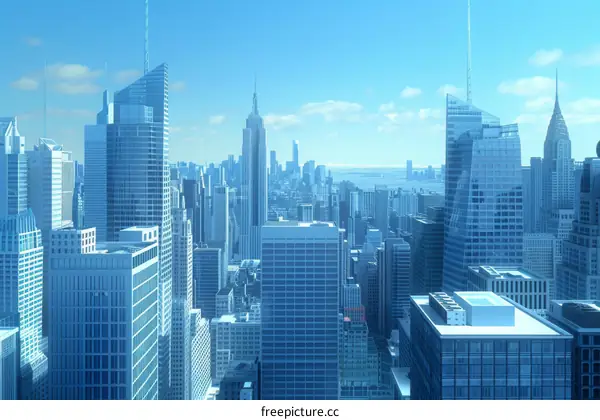 Blue Cityscape with Skyscrapers and a River