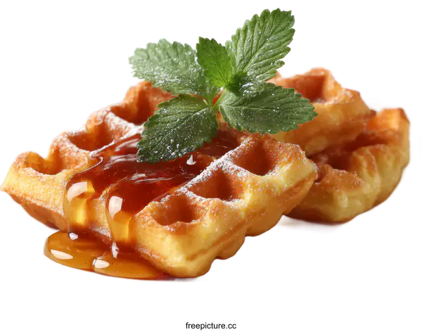[Transparent Background PNG]Delicious Honey-Drizzled Waffles with Mint