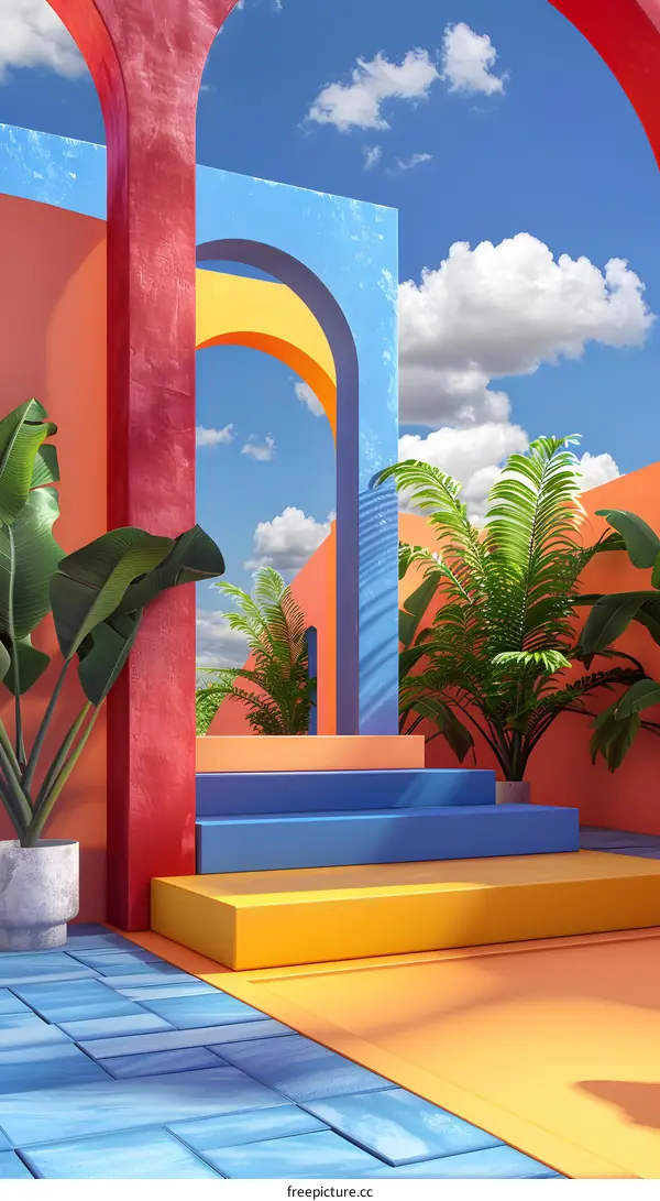 Blue and orange minimal surreal tropical leaves still life