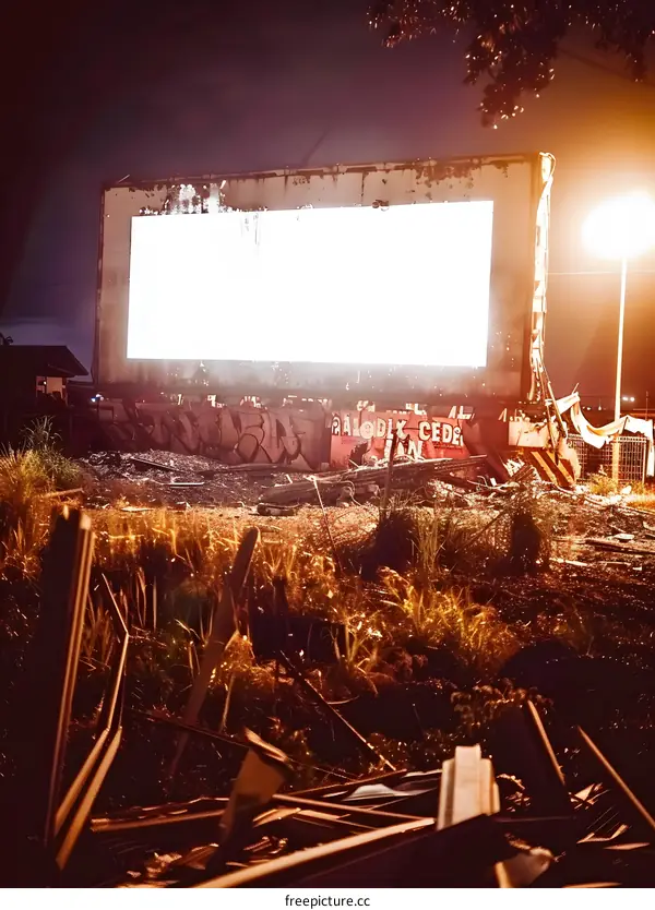 Abandoned Drive In Movie Theater Screen at Night