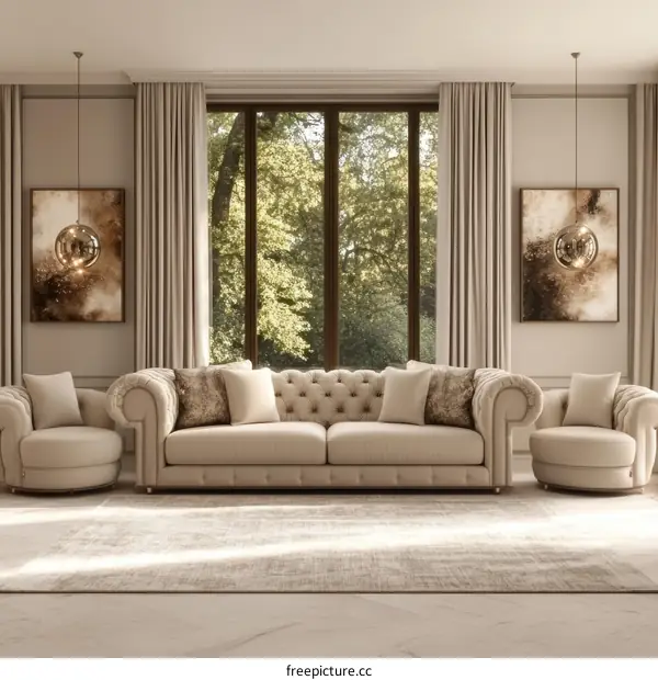 Elegant Living Room Sofa Set with Large Window
