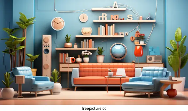 Retro living room with blue walls and orange furniture