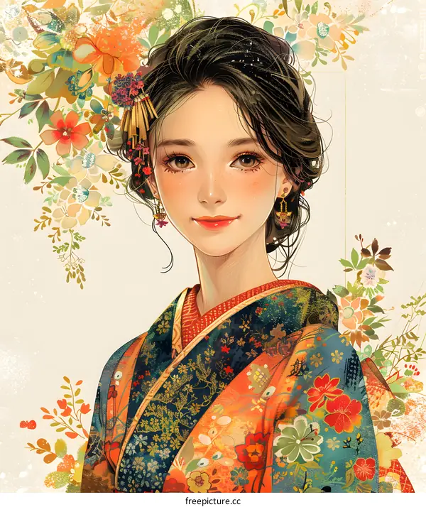 An illustration of a Japanese woman wearing a kimono with floral background