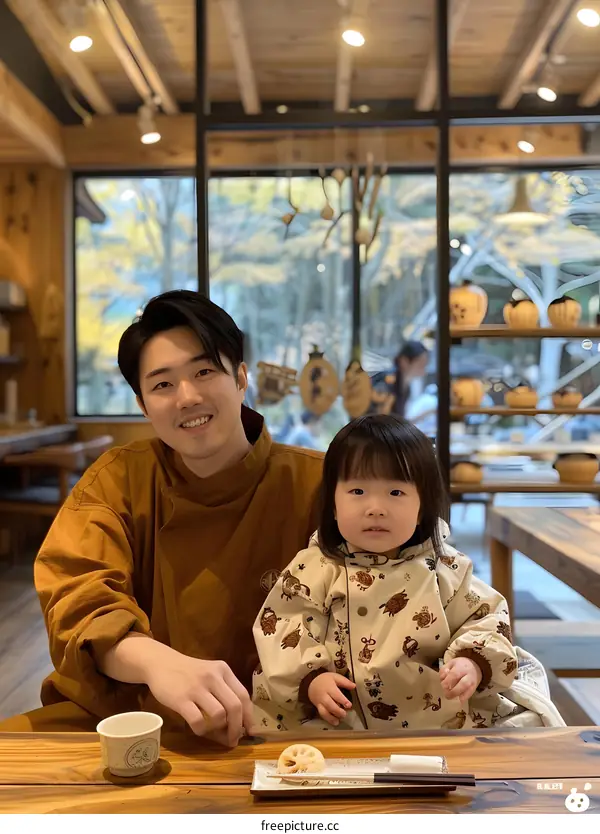 Father and Daughter Enjoying a Meal in a Japanese Restaurant