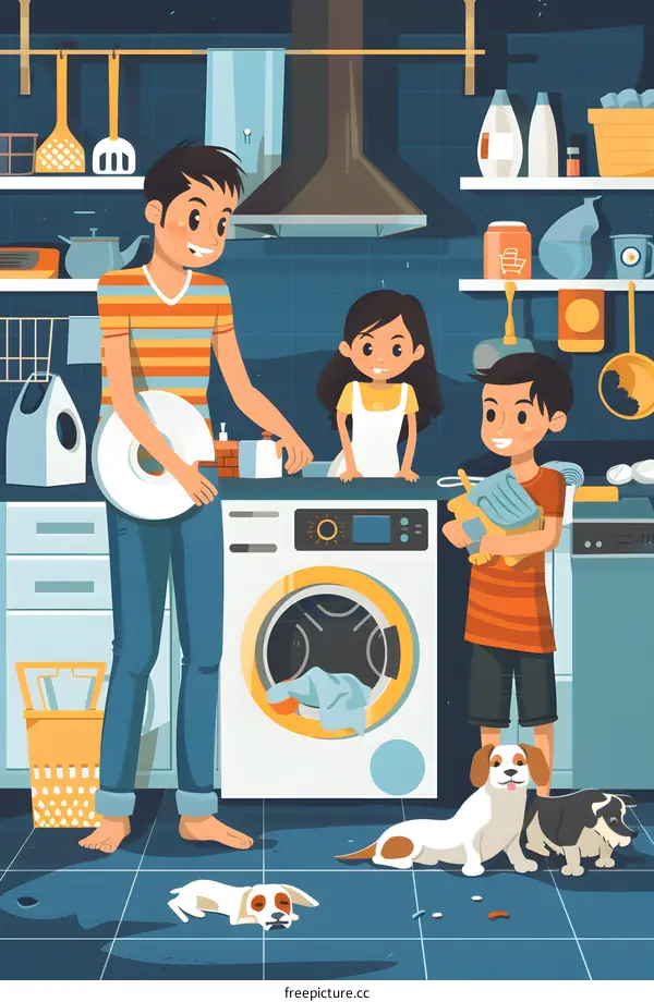 Family Chores In A Kitchen With Dogs