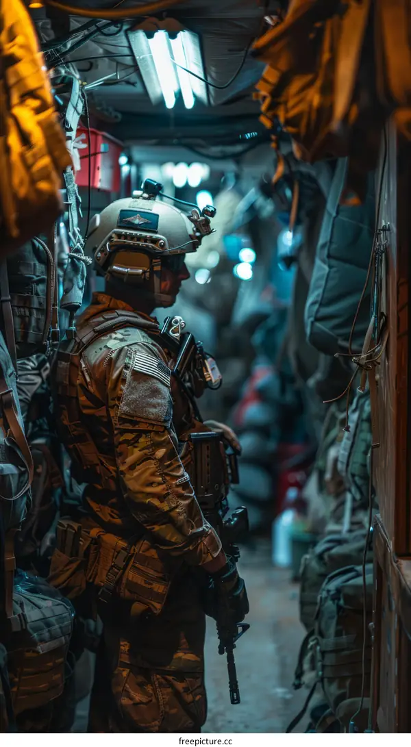 U.S. Army soldier stands guard in a narrow passageway