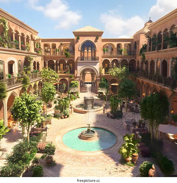 Courtyard with Fountain in Spanish Style