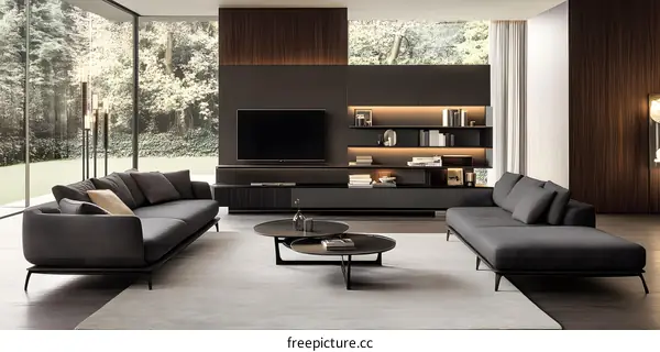 Modern Living Room Interior Design with Grey Sofa, Coffee Table, and Bookshelf