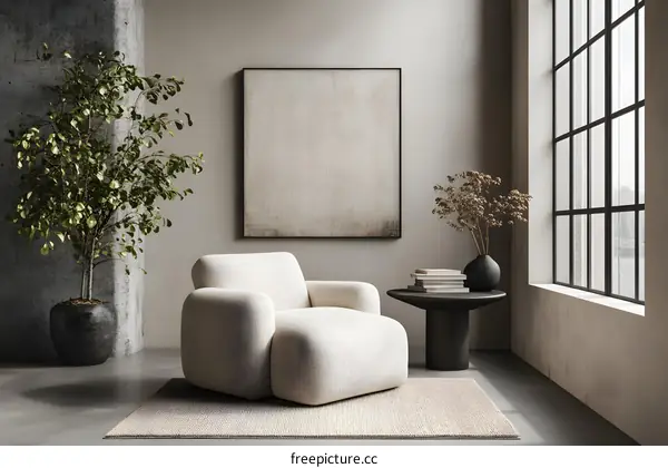 Modern Living Room Interior Design With White Sofa, Plants and Minimalist Artwork