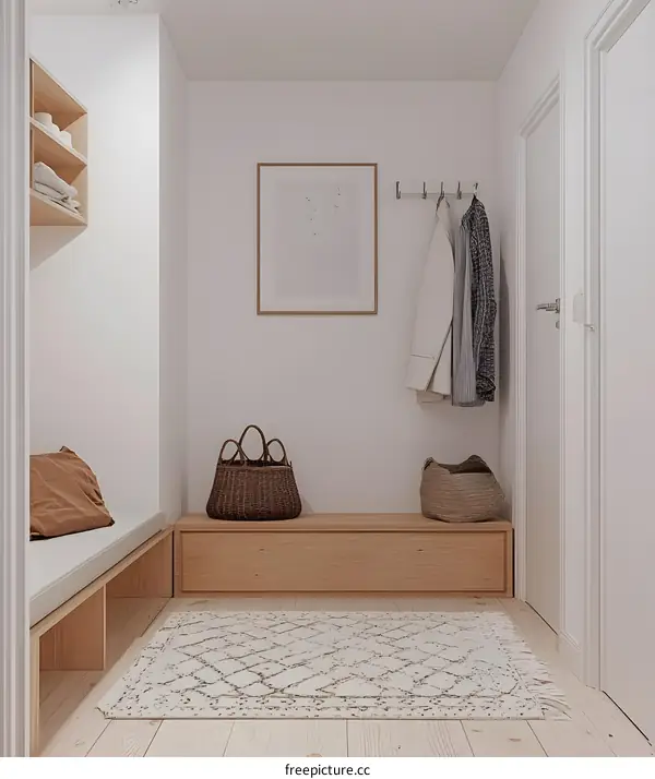Minimalist Entryway Interior Design with Wooden Bench and  Rug