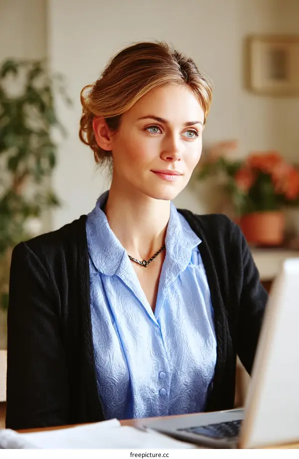 Business woman looking thoughtfully at laptop