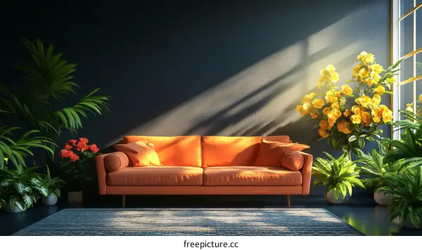 Modern Interior Living Room with Orange Sofa