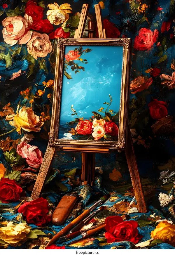 Still Life Painting with Flowers and Brushes on an Easel