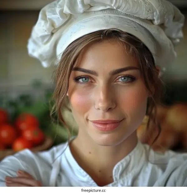 Portrait of a Beautiful Young Woman Chef Smiling in the Kitchen