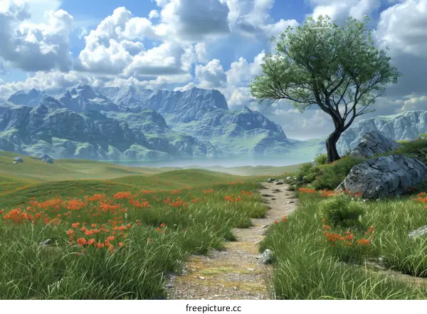 Fantasy Landscape with Majestic Mountains and Blooming Flowers