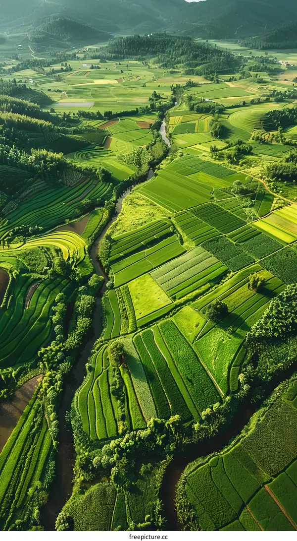An aerial view of a rural landscape with terraced rice fields and a river running through it