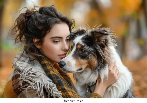 A young woman with a dog in the autumn forest