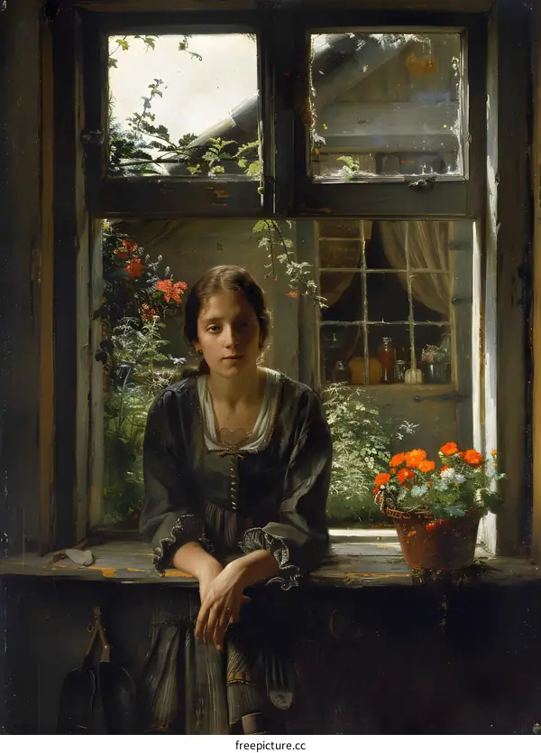 A young woman sitting in a window