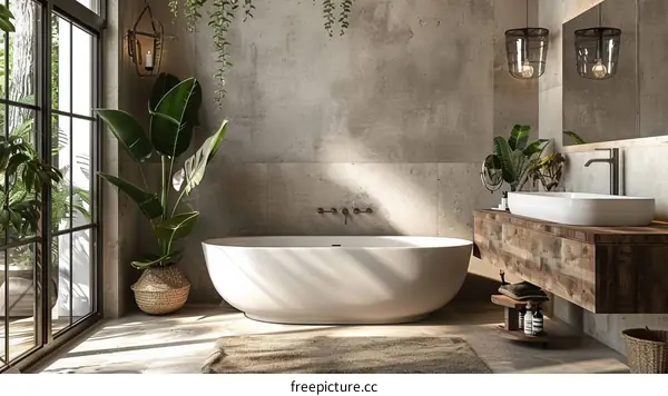 Bathroom interior with a large bathtub, plants and a wooden vanity