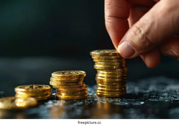 A hand stacking gold coins.